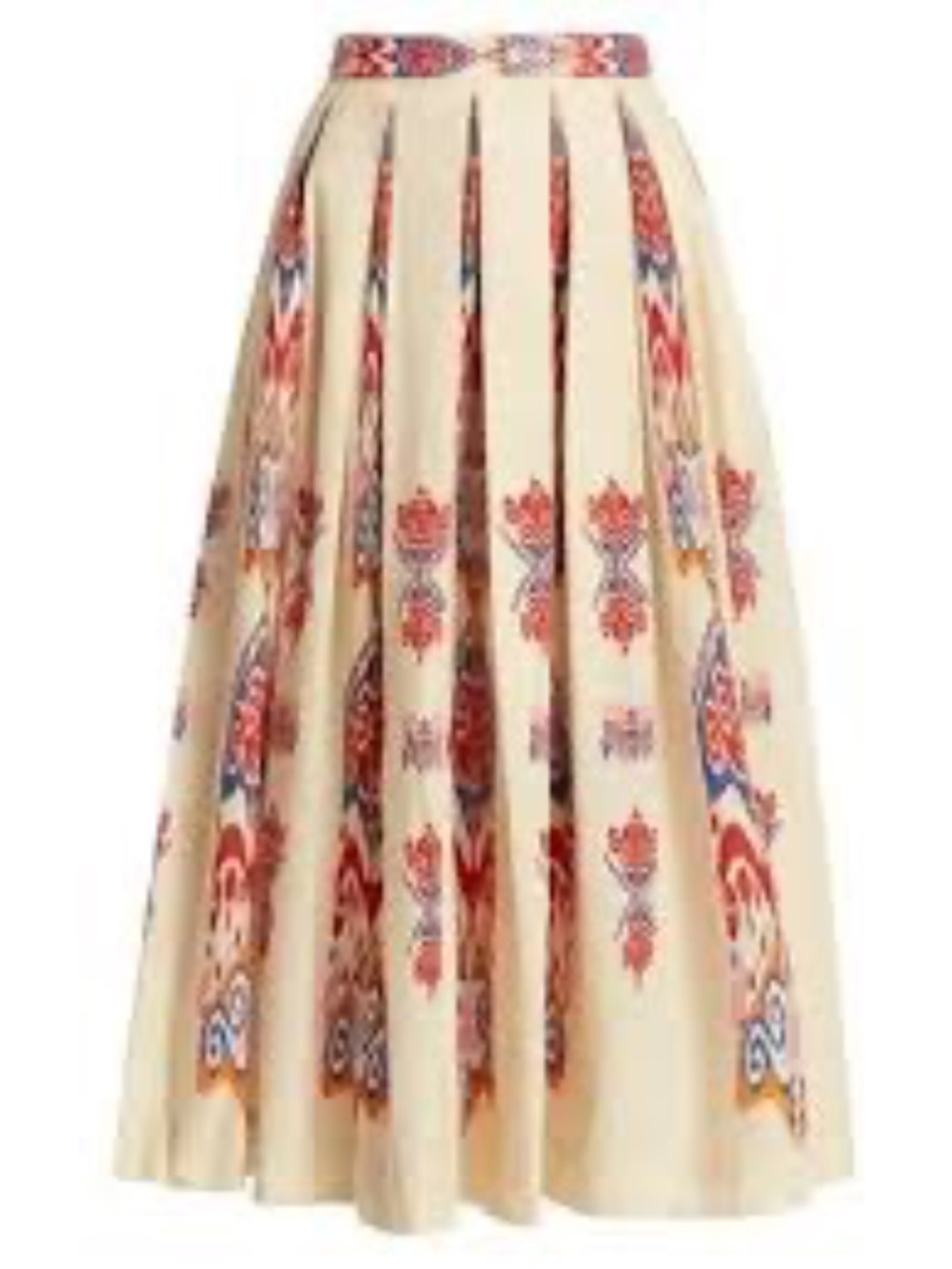 Women's Cream Midi Skirt with Red & Blue Ikat Print